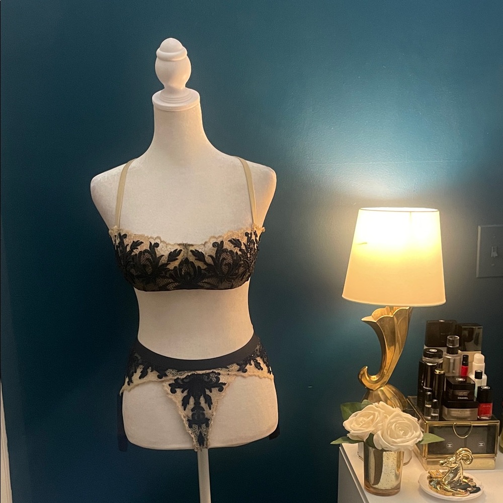 Victoria's Secret Black floral beaded design on cream satin and lace bra set